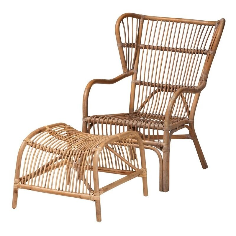 BAXTON STUDIO LAMARIA MODERN BOHMENIAN NATURAL BROWN ANTIQUE RATTAN 2-PIECE CHAIR AND FOOTSTOOL SET