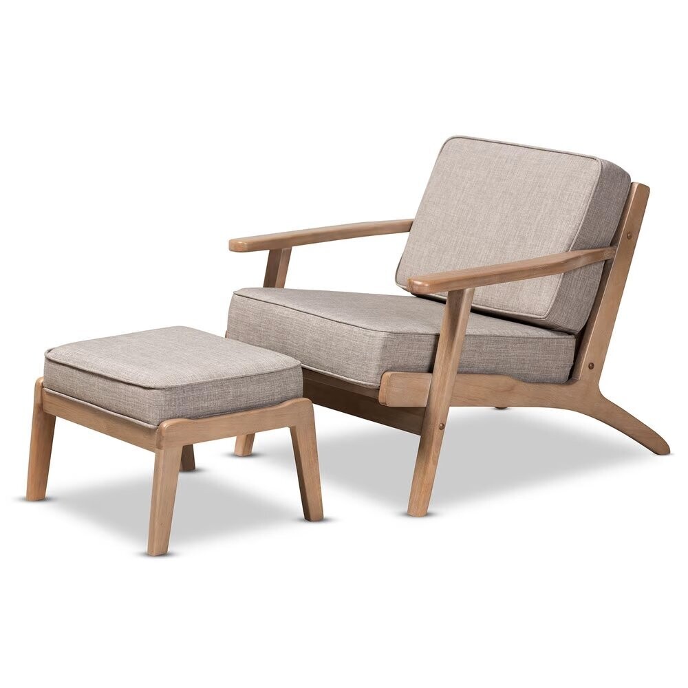 BAXTON STUDIO SIGRID MID-CENTURY MODERN LIGHT GREY FABRIC UPHOLSTERED ANTIQUE OAK FINISHED 2-PIECE WOOD ARMCHAIR AND OTTOMAN SET