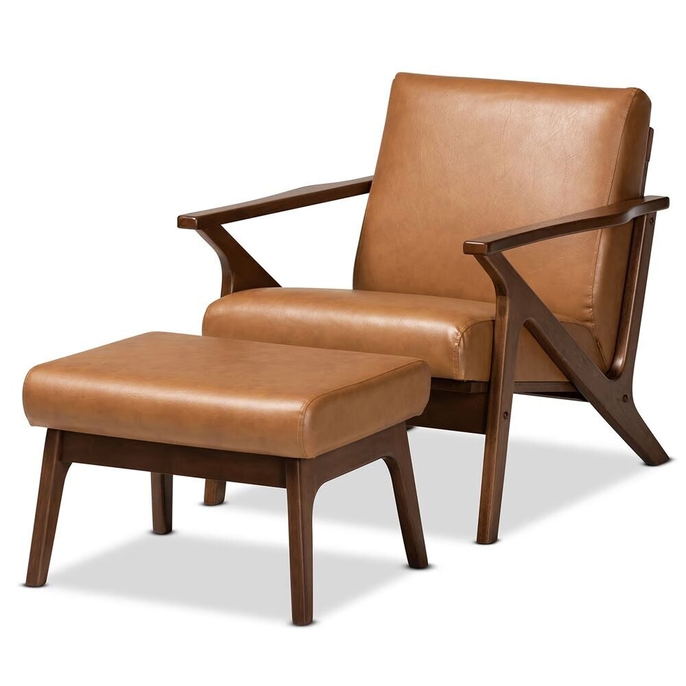 BAXTON STUDIO BIANCA MID-CENTURY MODERN WALNUT BROWN FINISHED WOOD AND TAN FAUX LEATHER EFFECT 2-PIECE LOUNGE CHAIR AND OTTOMAN SET