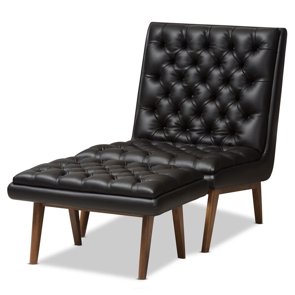 BAXTON STUDIO ANNETHA MID-CENTURY MODERN BLACK FAUX LEATHER UPHOLSTERED WALNUT FINISHED WOOD CHAIR AND OTTOMAN SET