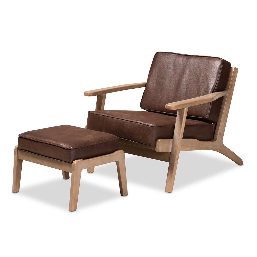 BAXTON STUDIO SIGRID MID-CENTURY MODERN DARK BROWN FAUX LEATHER EFFECT FABRIC UPHOLSTERED ANTIQUE OAK FINISHED 2-PIECE WOOD ARMCHAIR AND OTTOMAN SET