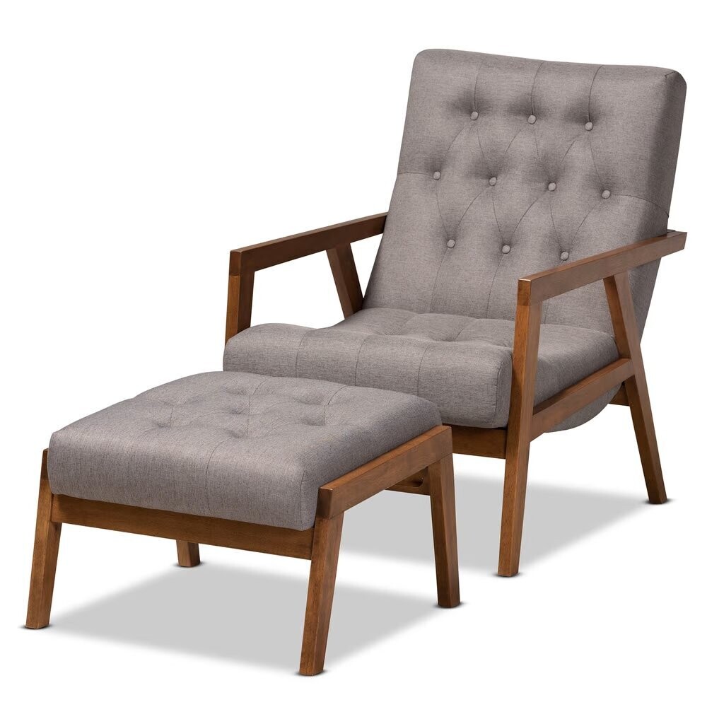 BAXTON STUDIO NAEVA MID-CENTURY MODERN GREY FABRIC UPHOLSTERED WALNUT FINISHED WOOD 2-PIECE ARMCHAIR AND FOOTSTOOL SET