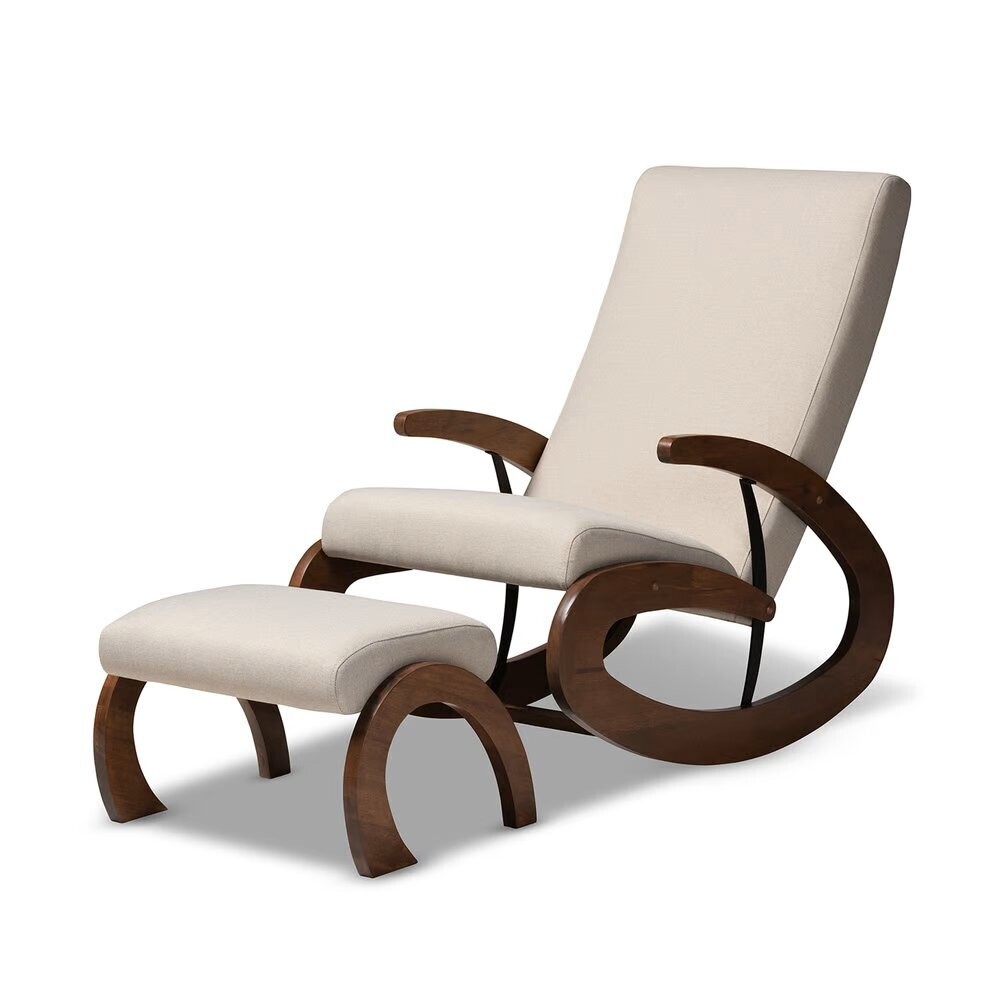 BAXTON STUDIO KAIRA MODERN AND CONTEMPORARY 2-PIECE LIGHT BEIGE FABRIC UPHOLSTERED AND WALNUT-FINISHED WOOD ROCKING CHAIR AND OTTOMAN SET
