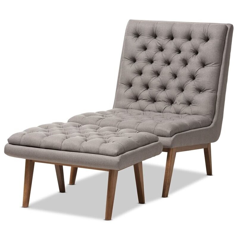 BAXTON STUDIO ANNETHA MID-CENTURY MODERN GREY FABRIC UPHOLSTERED WALNUT FINISHED WOOD CHAIR AND OTTOMAN SET