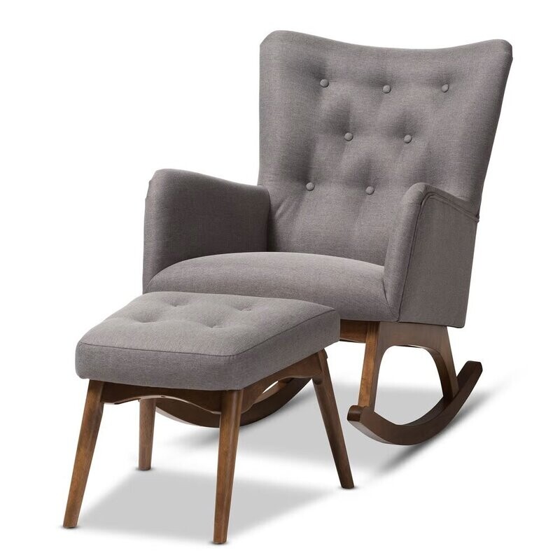 BAXTON STUDIO WALDMANN MID-CENTURY MODERN GREY FABRIC UPHOLSTERED ROCKING CHAIR AND OTTOMAN SET