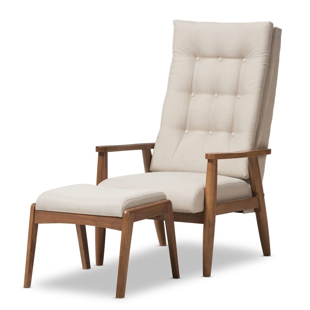 BAXTON STUDIO ROXY MID-CENTURY MODERN WALNUT WOOD FINISHING AND LIGHT BEIGE FABRIC UPHOLSTERED BUTTON-TUFTED HIGH-BACK LOUNGE CHAIR AND OTTOMAN SET