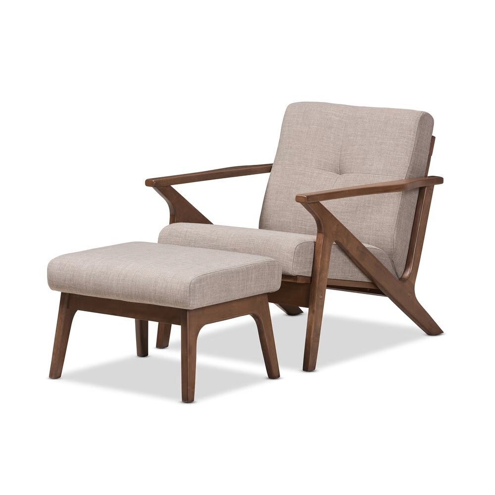 BAXTON STUDIO BIANCA MID-CENTURY MODERN WALNUT WOOD LIGHT GREY FABRIC TUFTED LOUNGE CHAIR AND OTTOMAN SET