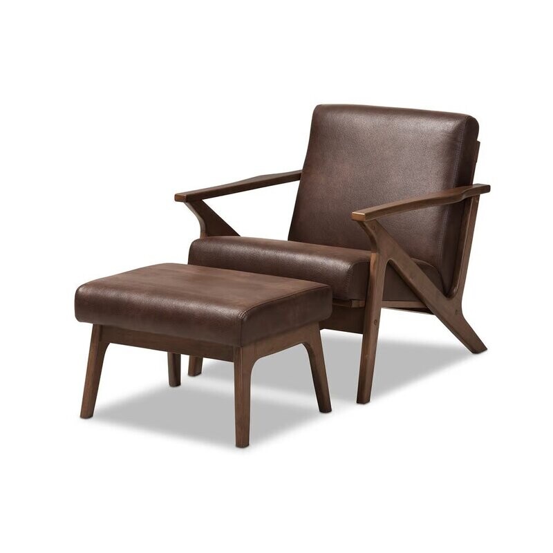BAXTON STUDIO BIANCA MID-CENTURY MODERN WALNUT WOOD DARK BROWN DISTRESSED FAUX LEATHER LOUNGE CHAIR AND OTTOMAN SET