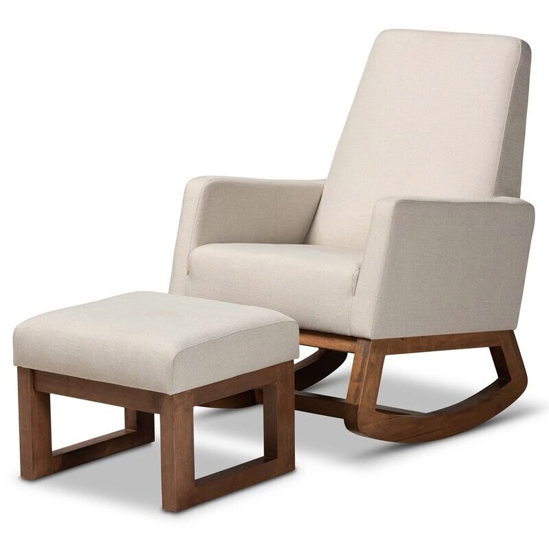 BAXTON STUDIO YASHIYA MID-CENTURY RETRO MODERN LIGHT BEIGE FABRIC UPHOLSTERED ROCKING CHAIR AND OTTOMAN SET