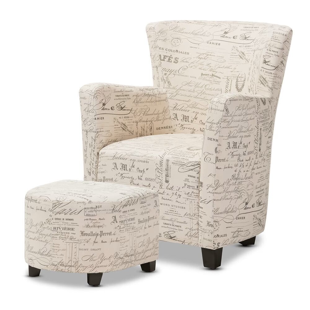 BAXTON STUDIO BENSON FRENCH SCRIPT PATTERNED FABRIC CLUB CHAIR AND OTTOMAN SET