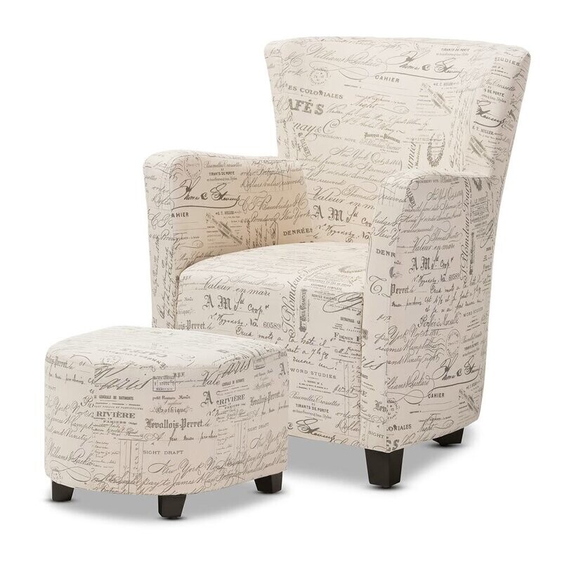 BAXTON STUDIO BENSON FRENCH SCRIPT PATTERNED FABRIC CLUB CHAIR AND OTTOMAN SET