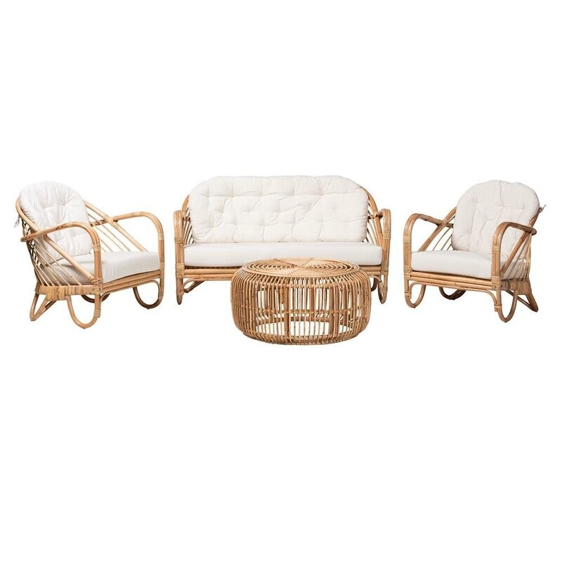 BAXTON STUDIO ALIANE MODERN BOHEMIAN NATURAL BROWN ANTIQUE RATTAN 4-PIECE LIVING ROOM SET