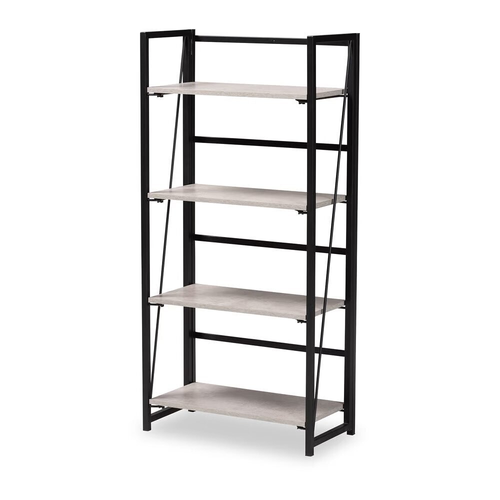 BAXTON STUDIO LAKOTA MODERN INDUSTRIAL LIGHT GREY FINISHED WOOD AND BLACK METAL 4-TIER DISPLAY SHELF