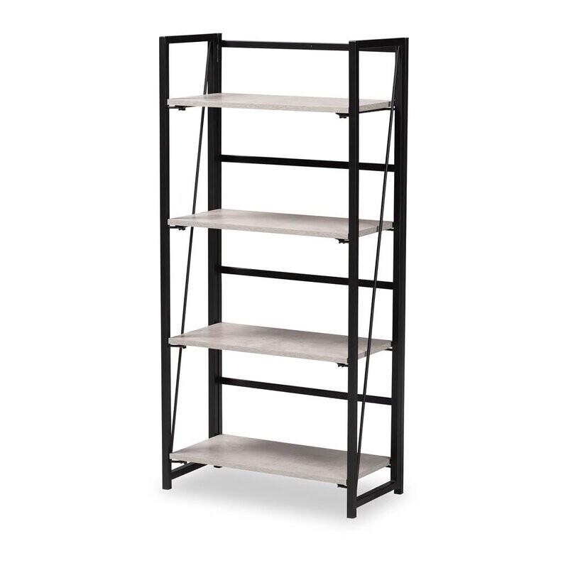 BAXTON STUDIO LAKOTA MODERN INDUSTRIAL LIGHT GREY FINISHED WOOD AND BLACK METAL 4-TIER DISPLAY SHELF