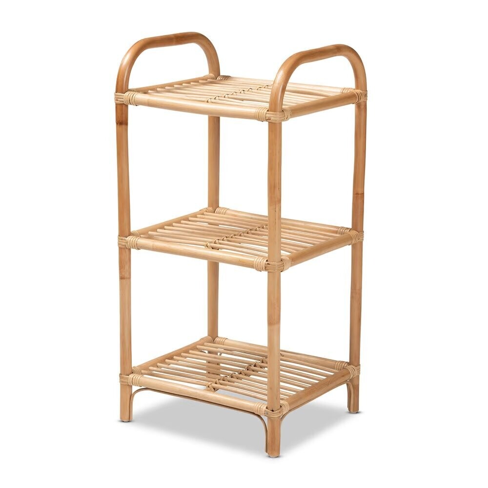 BAXTON STUDIO BARRAS MODERN BOHEMIAN NATURAL BROWN FINISHED RATTAN 3-TIER DISPLAY SHELF