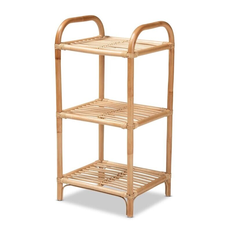 BAXTON STUDIO BARRAS MODERN BOHEMIAN NATURAL BROWN FINISHED RATTAN 3-TIER DISPLAY SHELF