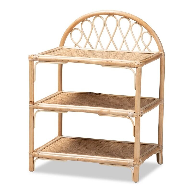 BAXTON STUDIO REDELL MODERN BOHEMIAN NATURAL BROWN RATTAN 3-TIER DISPLAY SHELF