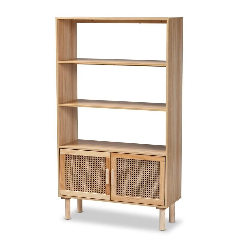 BAXTON STUDIO FAULKNER MID-CENTURY MODERN NATURAL BROWN FINISHED WOOD AND RATTAN 2-DOOR BOOKCASE