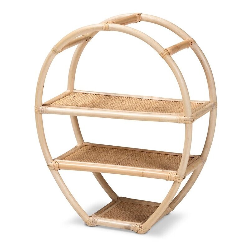 BAXTON STUDIO RUANA MODERN BOHEMIAN NATURAL BROWN FINISHED RATTAN 3-TIER DISPLAY SHELF