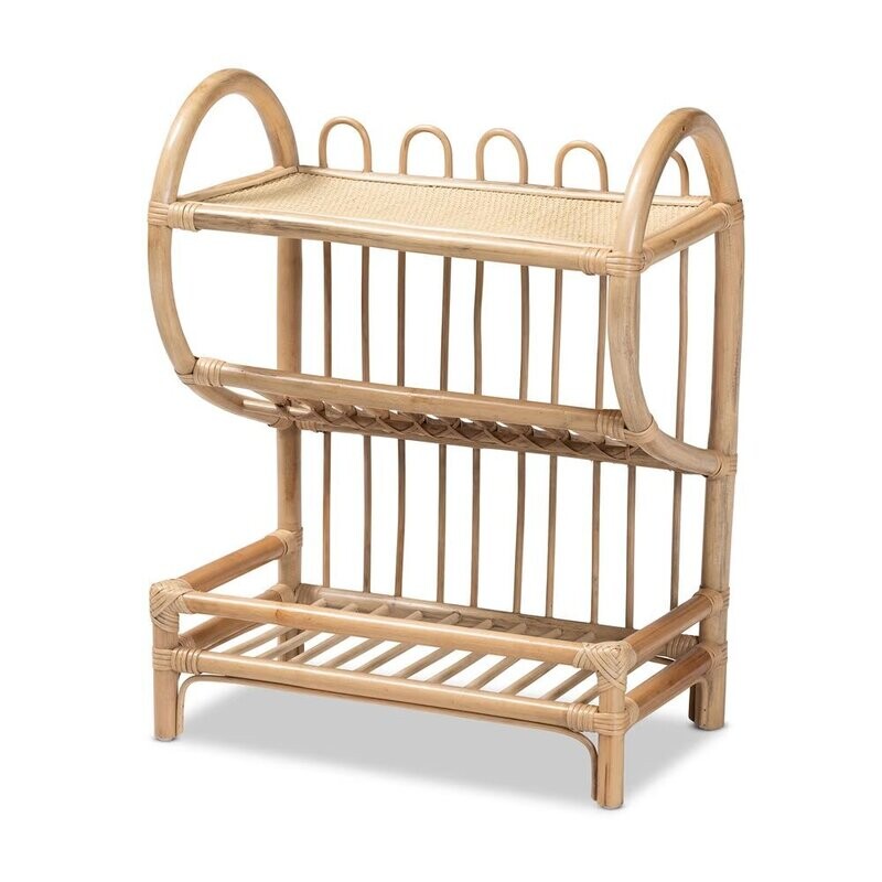 BAXTON STUDIO LIORA MODERN BOHEMIAN NATURAL BROWN FINISHED RATTAN 2-TIER DISPLAY SHELF