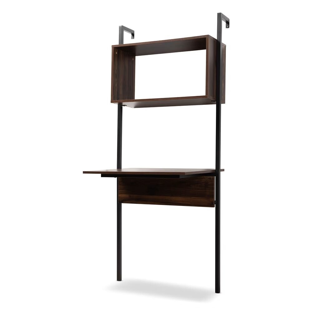 BAXTON STUDIO FARIAT MODERN INDUSTRIAL WALNUT BROWN FINISHED WOOD AND BLACK METAL DISPLAY SHELF WITH DESK