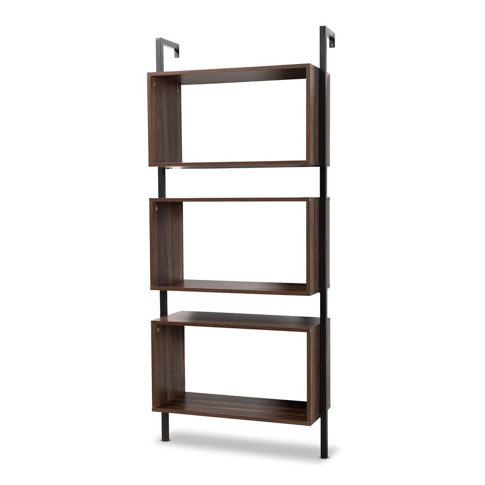 BAXTON STUDIO ALDIS MODERN INDUSTRIAL WALNUT BROWN FINISHED WOOD AND BLACK METAL 3-TIER DISPLAY SHELF