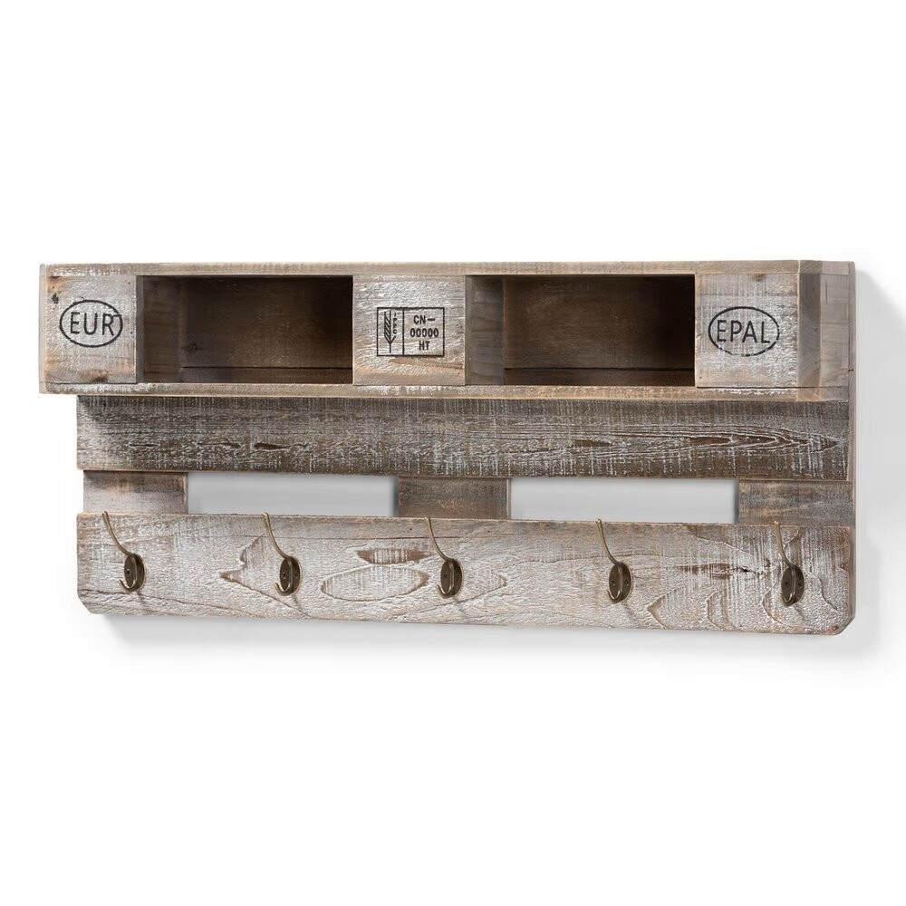 BAXTON STUDIO FERGUSON VINTAGE RUSTIC WHITEWASHED GREY OAK FINISHED WOOD WALL MOUNTED COAT RACK WITH SHELVES