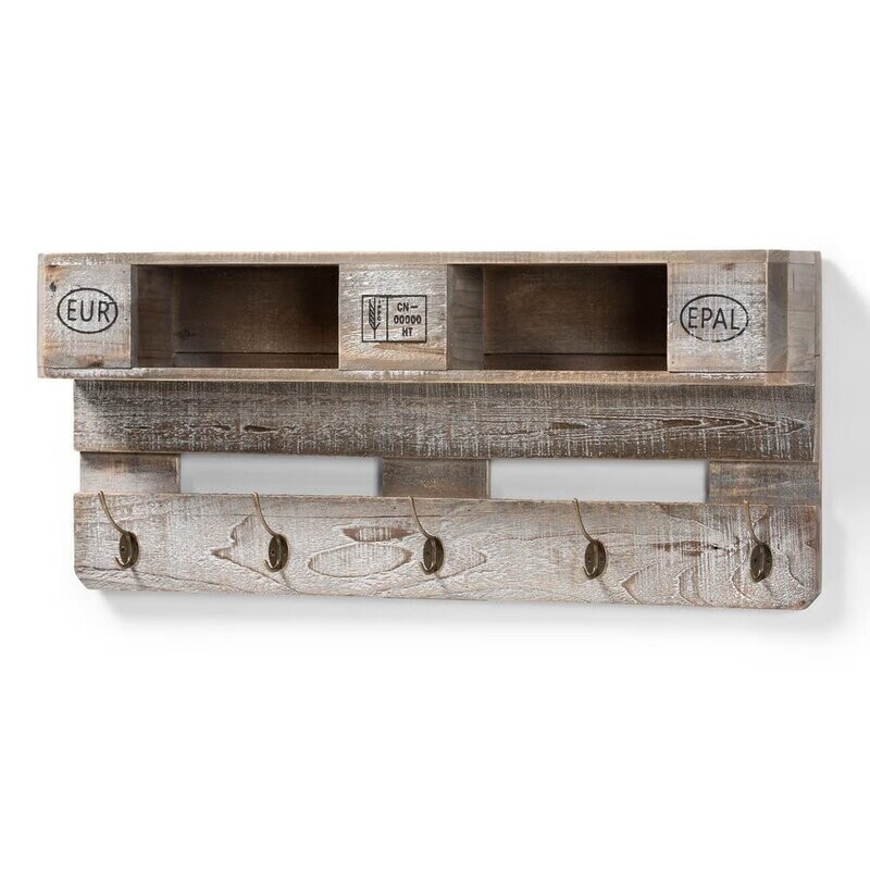 BAXTON STUDIO FERGUSON VINTAGE RUSTIC WHITEWASHED GREY OAK FINISHED WOOD WALL MOUNTED COAT RACK WITH SHELVES