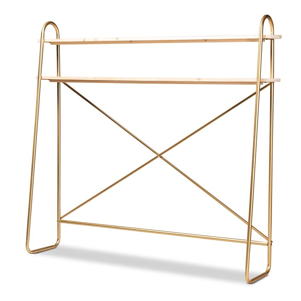 BAXTON STUDIO MERIDA GLAM AND LUXE BRUSHED GOLD FINISHED METAL AND NATURAL BROWN FINISHED WOOD 2-TIER OVER BED QUEEN SIZE STORAGE DISPLAY SHELF