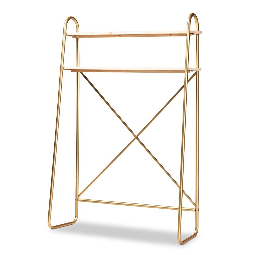 BAXTON STUDIO MERIDA GLAM AND LUXE BRUSHED GOLD FINISHED METAL AND NATURAL BROWN FINISHED WOOD 2-TIER OVER BED TWIN SIZE STORAGE DISPLAY SHELF