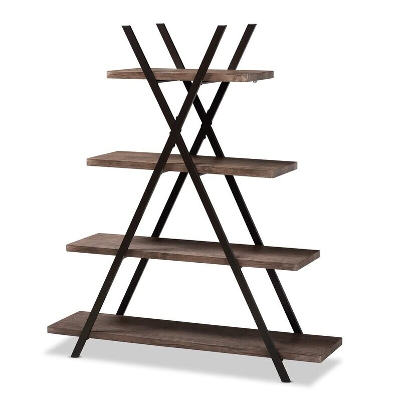 BAXTON STUDIO FIERA INDUSTRIAL RUSTIC WALNUT FINISHED WOOD AND BLACK METAL 4-TIER LIVING ROOM DISPLAY SHELF