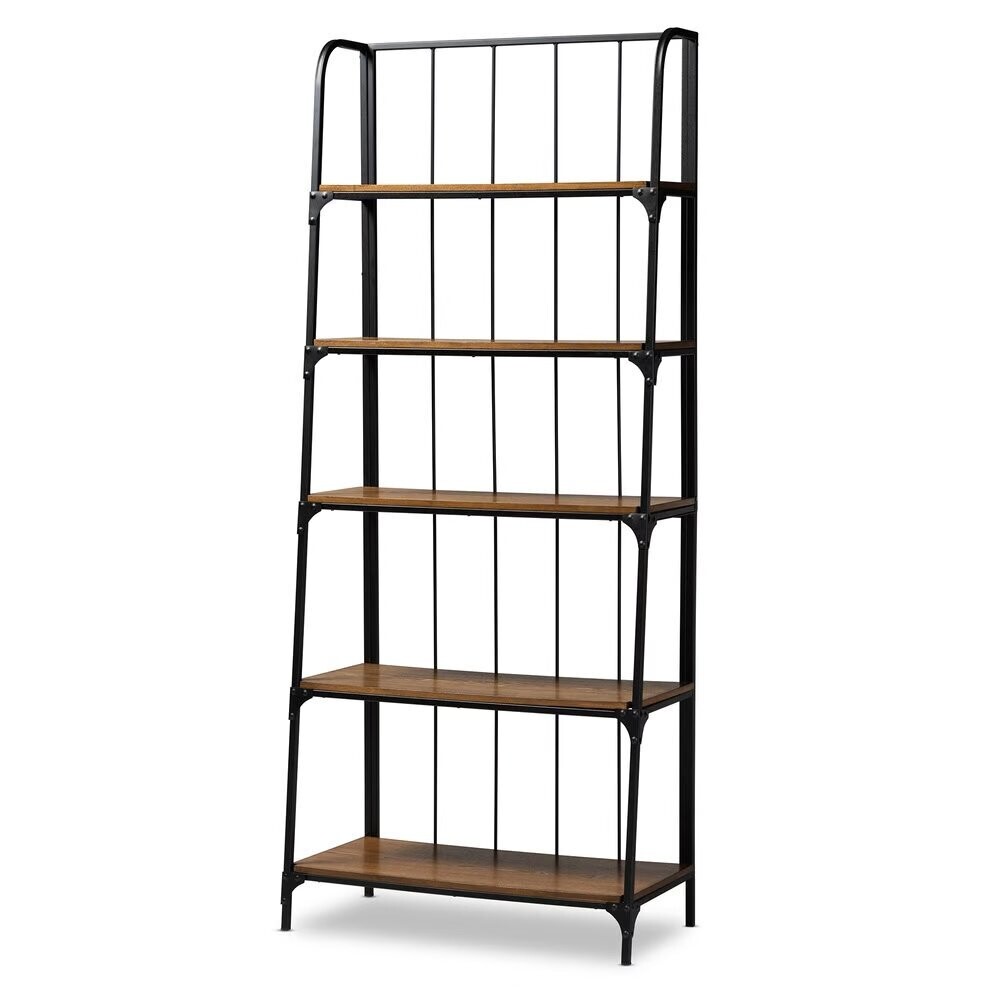 BAXTON STUDIO CEREN VINTAGE RUSTIC INDUSTRIAL DISTRESSED WOOD AND BLACK METAL FINISHED 5-TIER LIVING ROOM LADDER SHELF