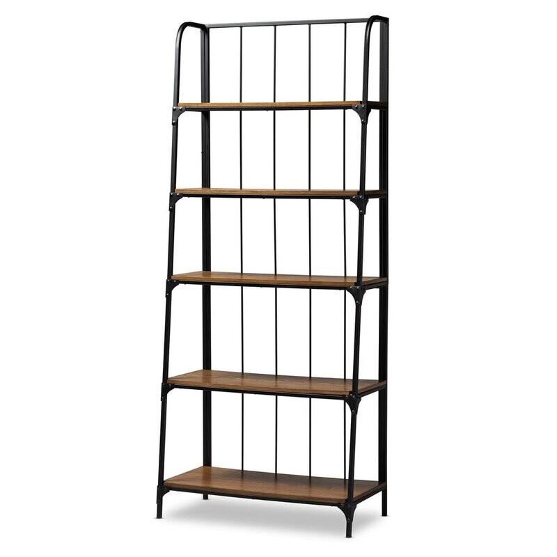 BAXTON STUDIO CEREN VINTAGE RUSTIC INDUSTRIAL DISTRESSED WOOD AND BLACK METAL FINISHED 5-TIER LIVING ROOM LADDER SHELF