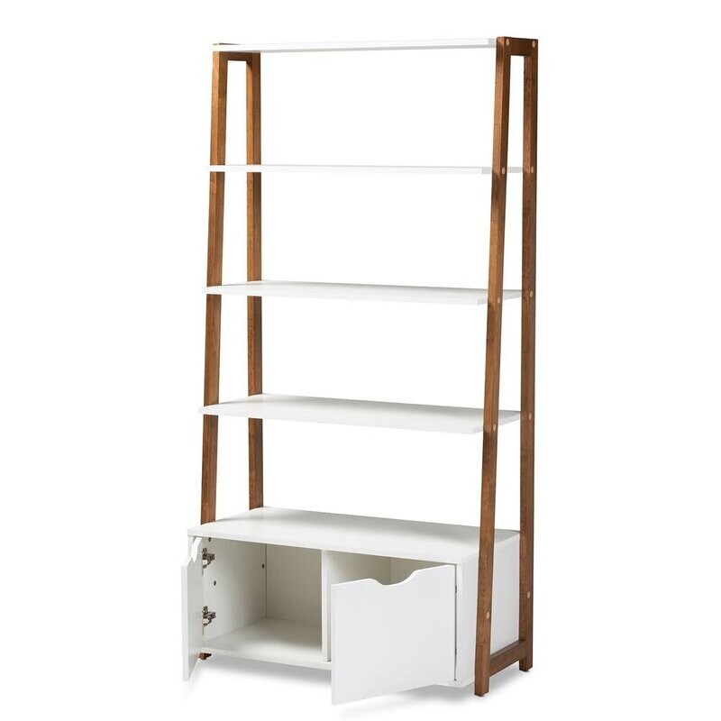 BAXTON STUDIO SENJA MODERN AND CONTEMPORARY TWO-TONE WHITE AND ASH WALNUT BROWN FINISHED WOOD 2-DOOR LADDER BOOKSHELF