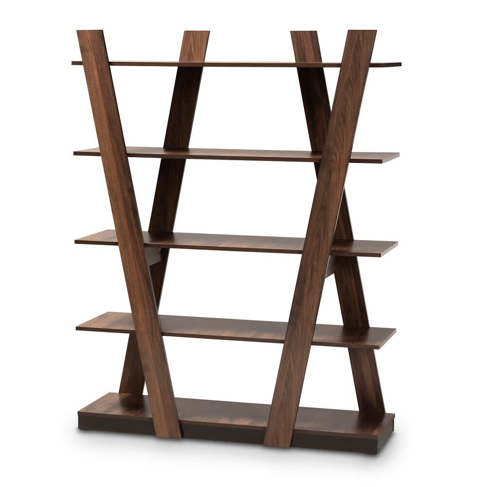 BAXTON STUDIO MICHIO MODERN AND CONTEMPORARY WALNUT BROWN FINISHED 5-TIER WOOD GEOMETRIC LIVING ROOM DISPLAY SHELF