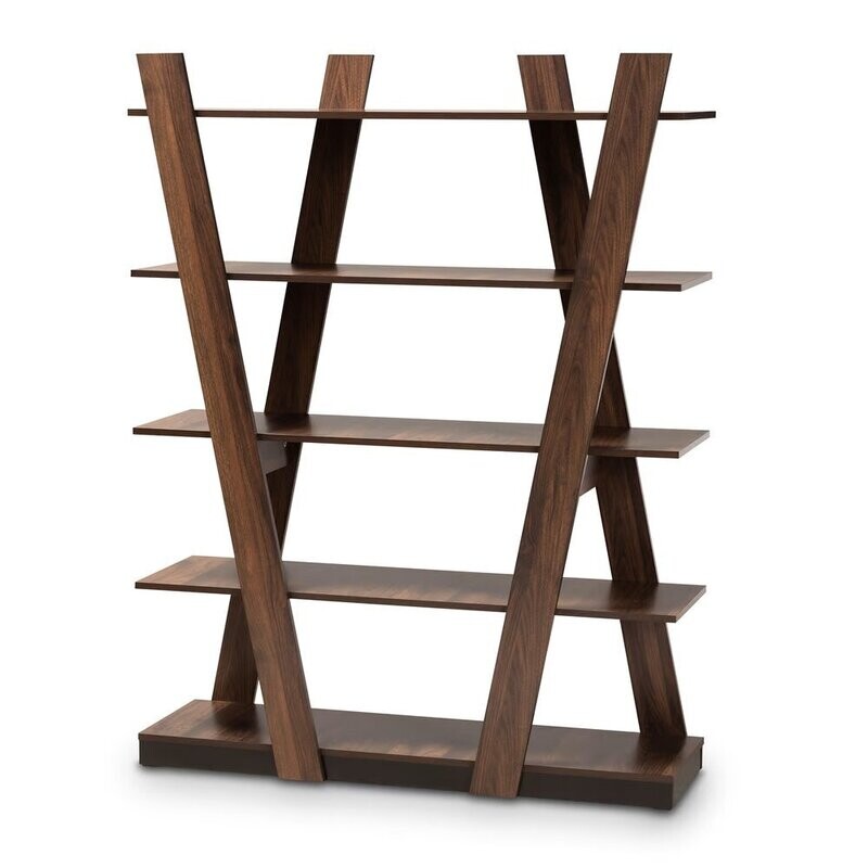 BAXTON STUDIO MICHIO MODERN AND CONTEMPORARY WALNUT BROWN FINISHED 5-TIER WOOD GEOMETRIC LIVING ROOM DISPLAY SHELF