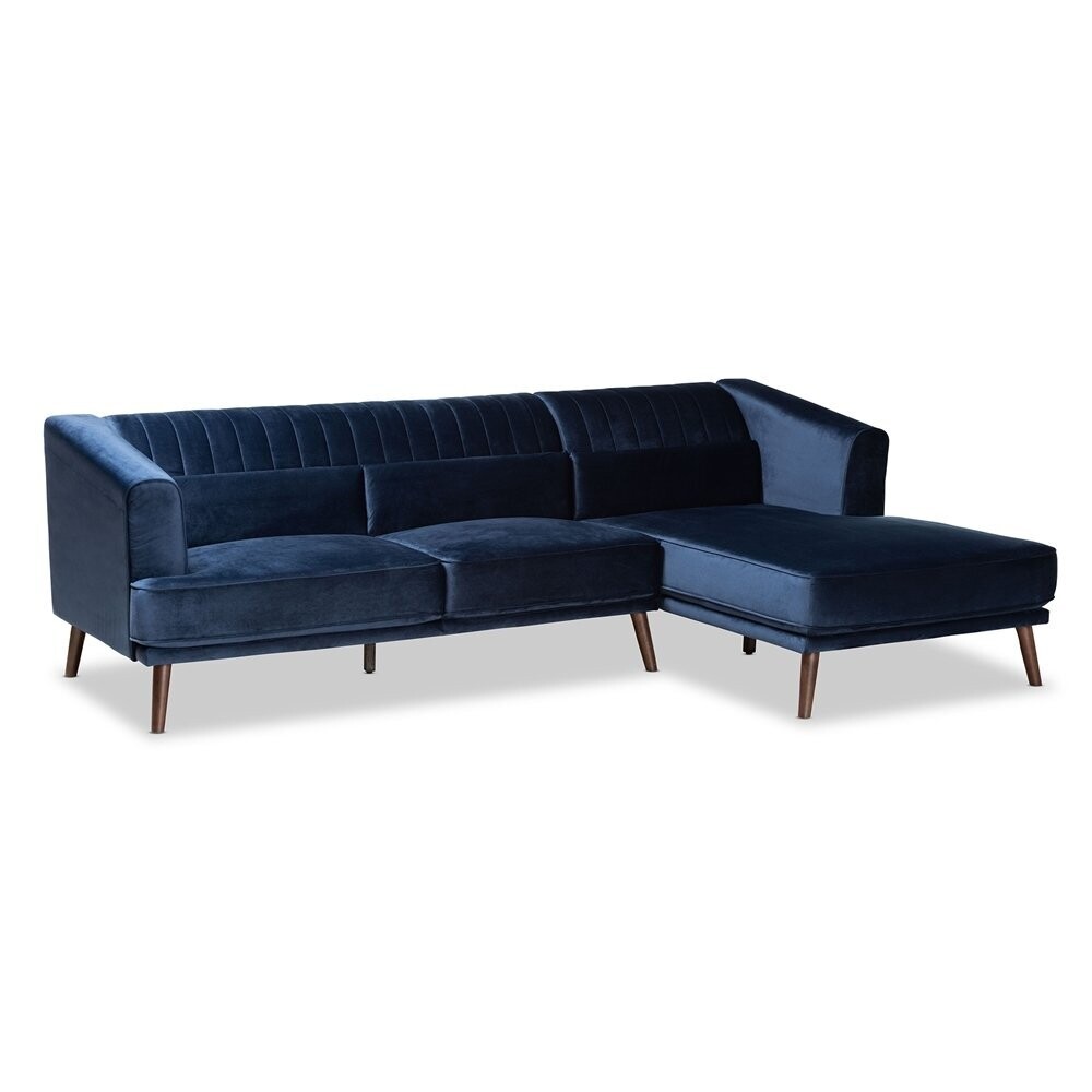 BAXTON STUDIO MORTON MID-CENTURY MODERN CONTEMPORARY NAVY BLUE VELVET FABRIC UPHOLSTERED AND DARK BROWN FINISHED WOOD SECTIONAL SOFA WITH RIGHT FACING CHAISE