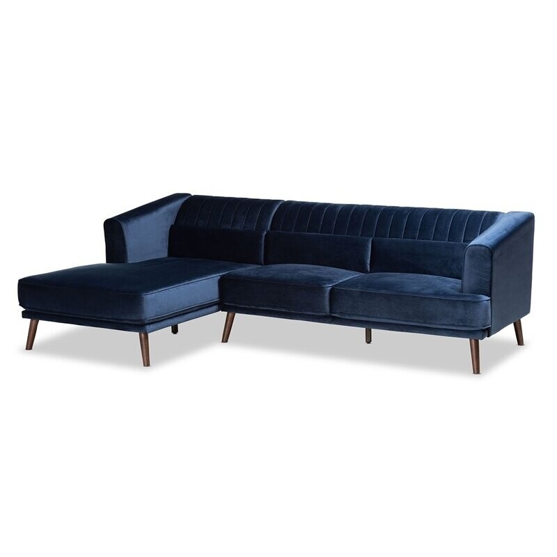 BAXTON STUDIO MORTON MID-CENTURY MODERN CONTEMPORARY NAVY BLUE VELVET FABRIC UPHOLSTERED AND DARK BROWN FINISHED WOOD SECTIONAL SOFA WITH LEFT FACING CHAISE BAXTON STUDIO MORTON MID-CENTURY MODERN CONTEMPORARY NAVY BLUE VELVET FABRIC UPHOLSTERED AND DARK BROWN FINISHED WOOD SECTIONAL SOFA WITH LEFT FACING CHAISE