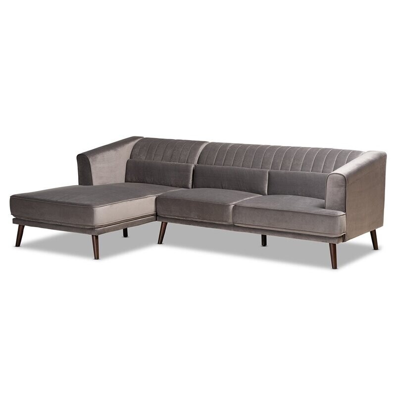 BAXTON STUDIO MORTON MID-CENTURY MODERN CONTEMPORARY GREY VELVET FABRIC UPHOLSTERED AND DARK BROWN FINISHED WOOD SECTIONAL SOFA WITH LEFT FACING CHAISE BAXTON STUDIO MORTON MID-CENTURY MODERN CONTEMPORARY GREY VELVET FABRIC UPHOLSTERED AND DARK BROWN FINISHED WOOD SECTIONAL SOFA WITH LEFT FACING CHAISE