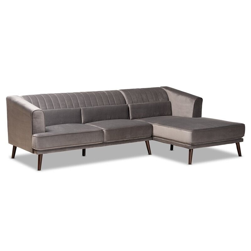 BAXTON STUDIO MORTON MID-CENTURY MODERN CONTEMPORARY GREY VELVET FABRIC UPHOLSTERED AND DARK BROWN FINISHED WOOD SECTIONAL SOFA WITH RIGHT FACING CHAISE BAXTON STUDIO MORTON MID-CENTURY MODERN CONTEMPORARY GREY VELVET FABRIC UPHOLSTERED AND DARK BROWN FINISHED WOOD SECTIONAL SOFA WITH RIGHT FACING CHAISE