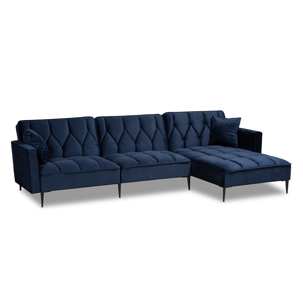 BAXTON STUDIO GALENA CONTEMPORARY GLAM AND LUXE NAVY BLUE VELVET FABRIC UPHOLSTERED AND BLACK METAL SECTIONAL SOFA WITH RIGHT FACING CHAISE