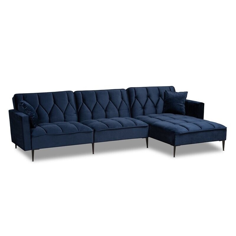 BAXTON STUDIO GALENA CONTEMPORARY GLAM AND LUXE NAVY BLUE VELVET FABRIC UPHOLSTERED AND BLACK METAL SECTIONAL SOFA WITH RIGHT FACING CHAISE BAXTON STUDIO GALENA CONTEMPORARY GLAM AND LUXE NAVY BLUE VELVET FABRIC UPHOLSTERED AND BLACK METAL SECTIONAL SOFA WITH RIGHT FACING CHAISE