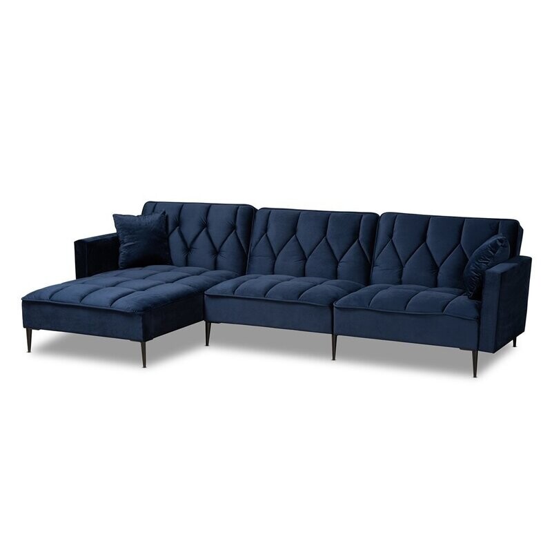 BAXTON STUDIO GALENA CONTEMPORARY GLAM AND LUXE NAVY BLUE VELVET FABRIC UPHOLSTERED AND BLACK METAL SECTIONAL SOFA WITH LEFT FACING CHAISE BAXTON STUDIO GALENA CONTEMPORARY GLAM AND LUXE NAVY BLUE VELVET FABRIC UPHOLSTERED AND BLACK METAL SECTIONAL SOFA WITH LEFT FACING CHAISE