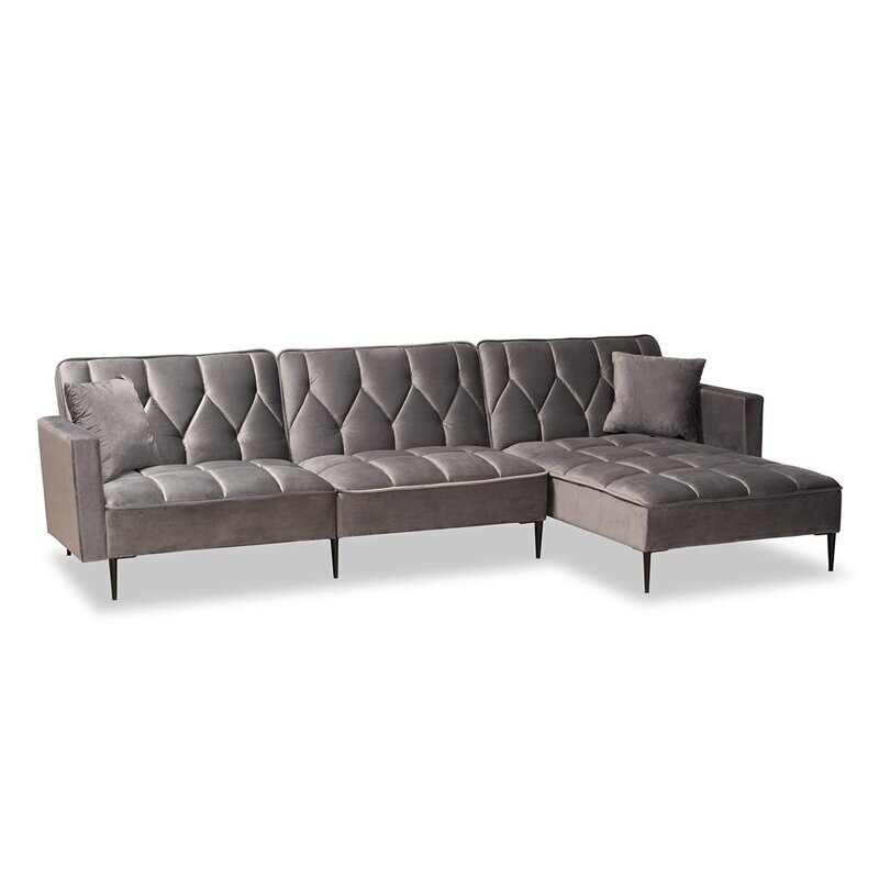 BAXTON STUDIO GALENA CONTEMPORARY GLAM AND LUXE GREY VELVET FABRIC UPHOLSTERED AND BLACK FINISHED METAL SLEEPER SECTIONAL SOFA WITH RIGHT FACING CHAISE BAXTON STUDIO GALENA CONTEMPORARY GLAM AND LUXE GREY VELVET FABRIC UPHOLSTERED AND BLACK FINISHED METAL SLEEPER SECTIONAL SOFA WITH RIGHT FACING CHAISE