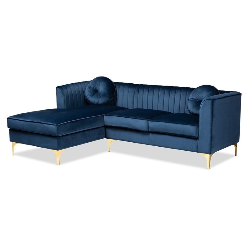BAXTON STUDIO GISELLE GLAM AND LUXE NAVY BLUE VELVET FABRIC UPHOLSTERED MIRRORED GOLD FINISHED LEFT FACING SECTIONAL SOFA WITH CHAISE BAXTON STUDIO GISELLE GLAM AND LUXE NAVY BLUE VELVET FABRIC UPHOLSTERED MIRRORED GOLD FINISHED LEFT FACING SECTIONAL SOFA WITH CHAISE