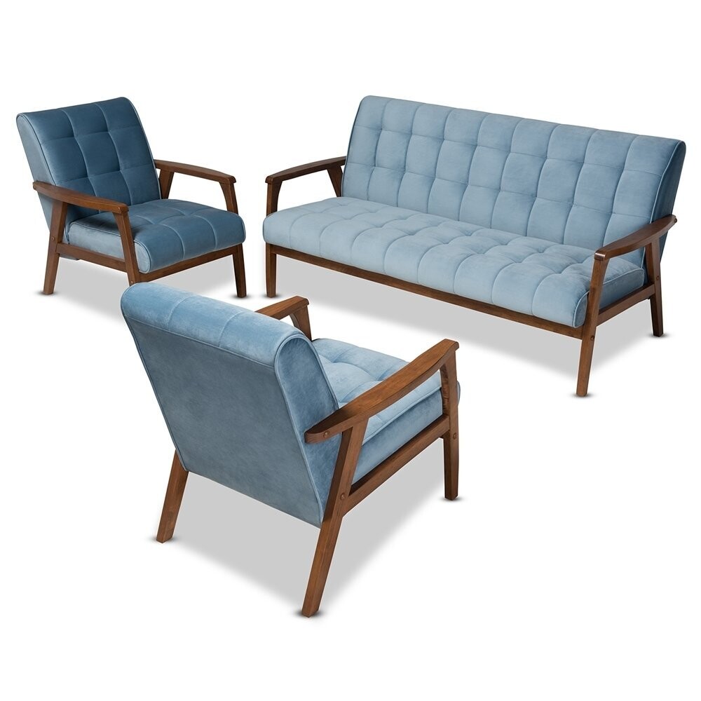 BAXTON STUDIO ASTA MID-CENTURY MODERN LIGHT BLUE VELVET FABRIC UPHOLSTERED WALNUT FINISHED WOOD 3-PIECE LIVING ROOM SET