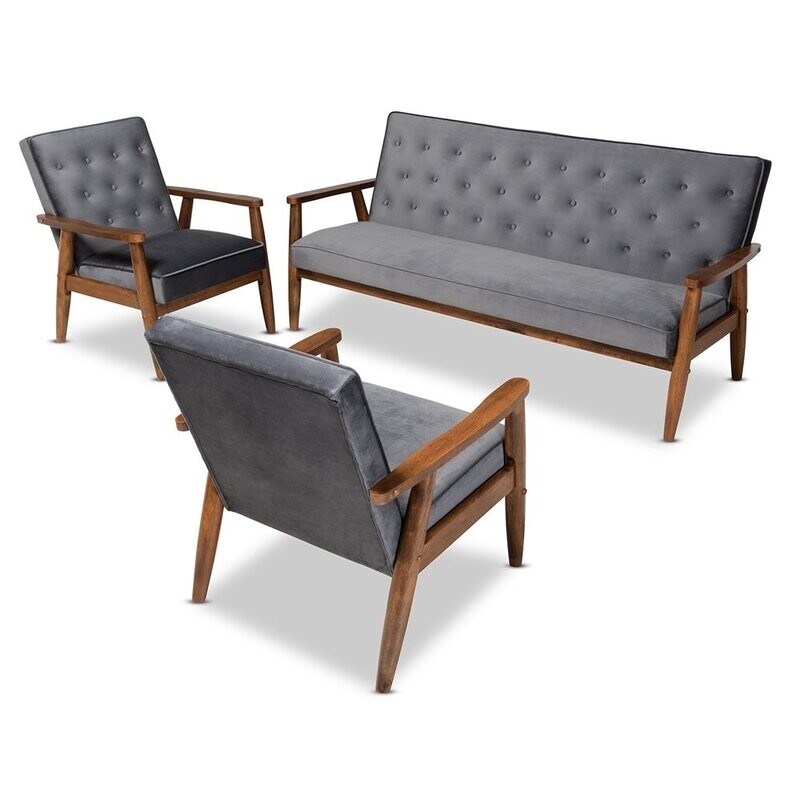 BAXTON STUDIO SORRENTO MID-CENTURY MODERN GREY VELVET FABRIC UPHOLSTERED WALNUT FINISHED 3-PIECE WOODEN LIVING ROOM SET
