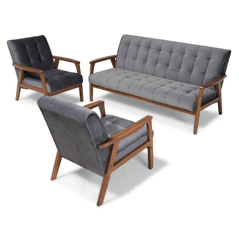 BAXTON STUDIO ASTA MID-CENTURY MODERN GREY VELVET FABRIC UPHOLSTERED WALNUT FINISHED WOOD 3-PIECE LIVING ROOM SET