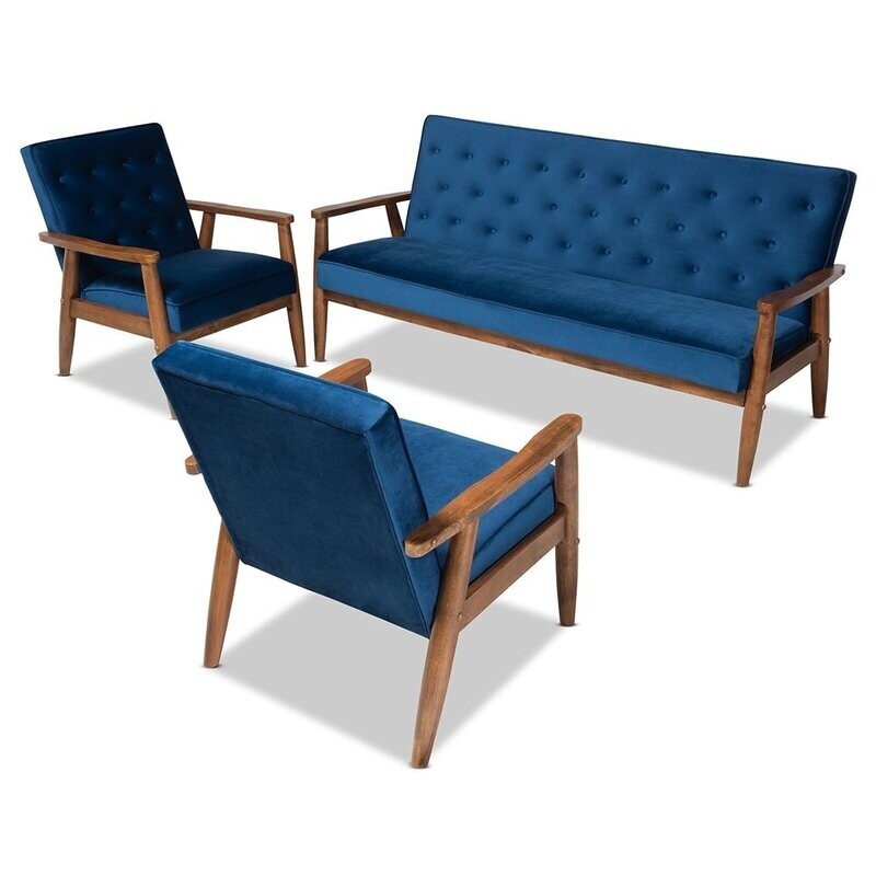 BAXTON STUDIO SORRENTO MID-CENTURY MODERN NAVY BLUE VELVET FABRIC UPHOLSTERED WALNUT FINISHED 3-PIECE WOODEN LIVING ROOM SET