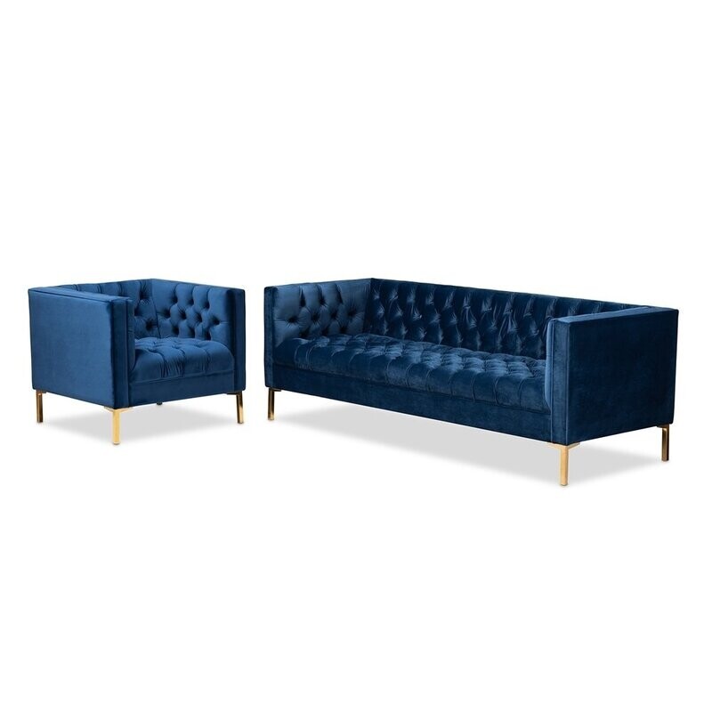 BAXTON STUDIO ZANETTA GLAM AND LUXE NAVY VELVET UPHOLSTERED GOLD FINISHED 2-PIECE SOFA AND LOUNGE CHAIR SET